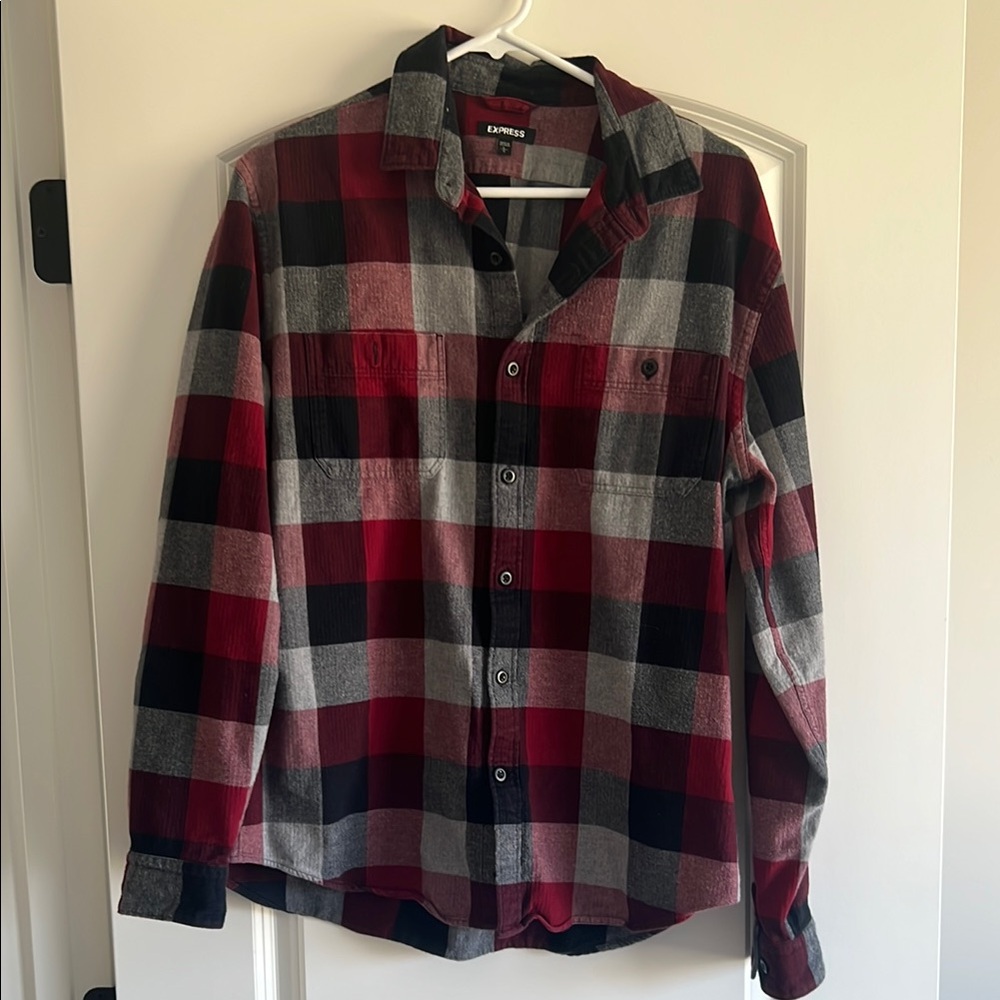 Express Men's Red and Black Plaid Shirt